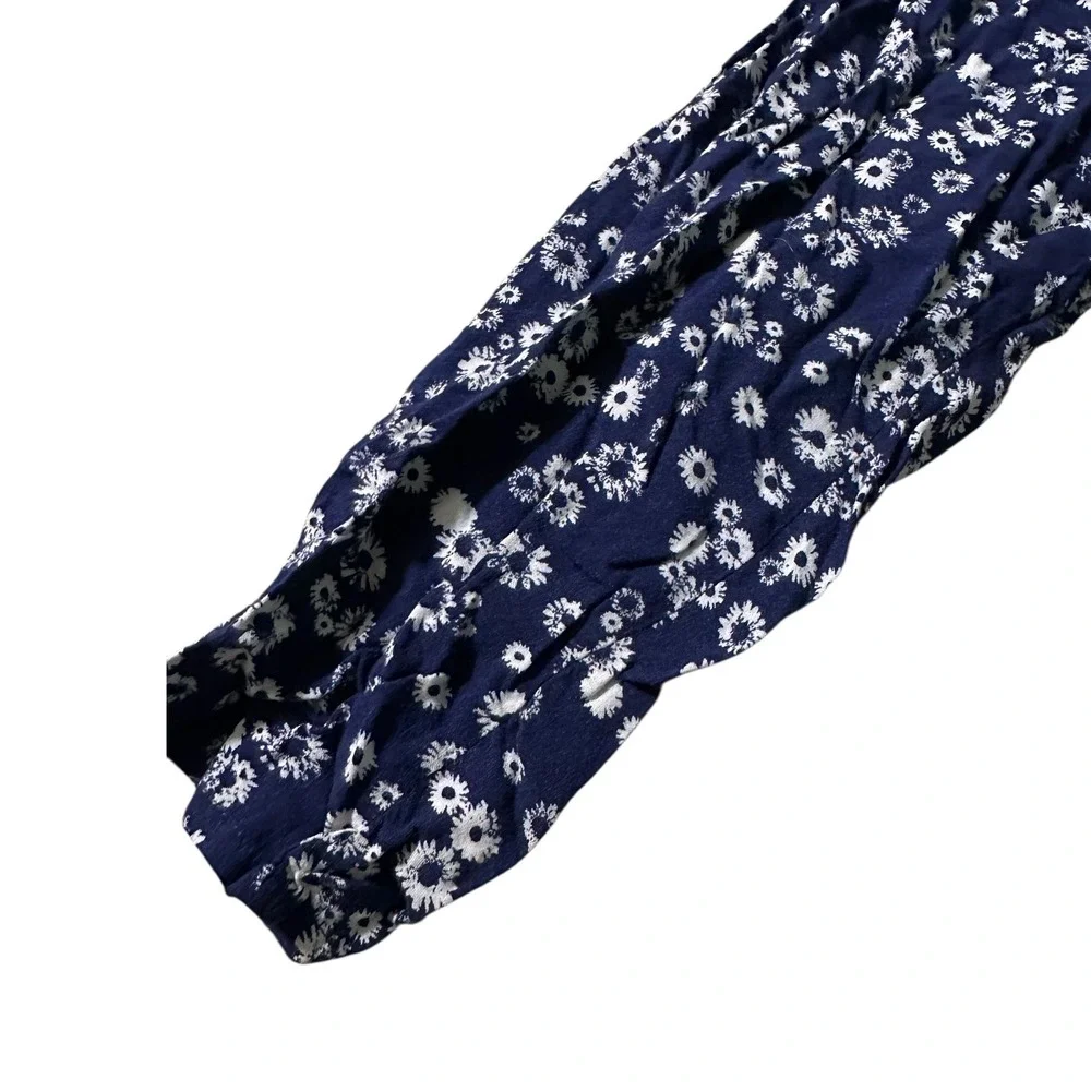 Floral‎ Print Pants Blue White Drawstring Waist Casual Comfy Lightweight